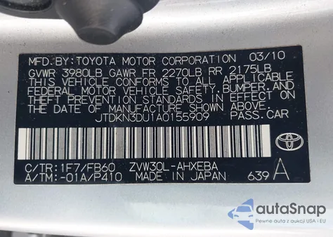 2010 Toyota Prius Ii z USA, uszkodzony, nr VIN JTDKN3DU1A0155909